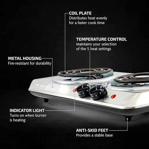 OVENTE Electric Countertop Double Burner, 1700W Cooktop with 6" and 5.75" Stainless Steel Coil Hot Plates, 5 Level Temperature Control, Indicator Lights and Easy to Clean Cooking Stove, Silver BGC102S by OVENTE