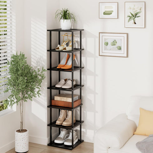 '-7 Closet Vertical Tall Shoe Rack Organizer for Entryway Tier Free Standing Slim Narrow Bamboo Wood Corner Stackable