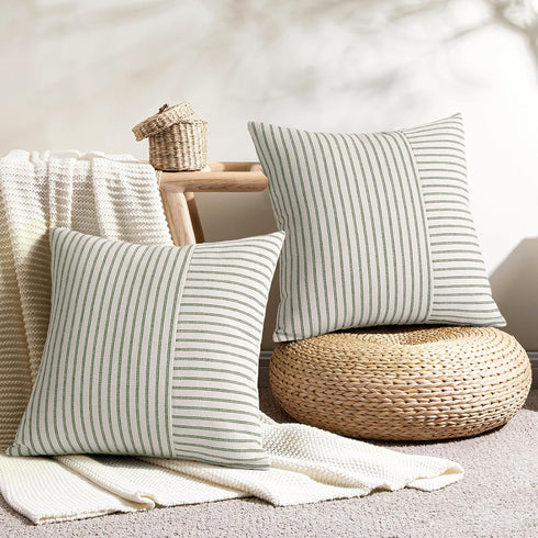 20x20, Set 2, YCOLL Farmhouse Pillow Covers Modern Accent Square Throw Pillow Covers of Olive Green and Beige Striped