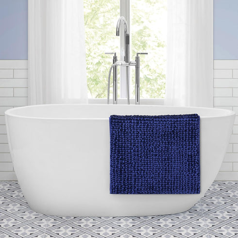 Laura Ashley Butter Chenille Bath Rug, Non Slip Shaggy Bathroom Mat for Tub and Sink - (20" x 34") Navy