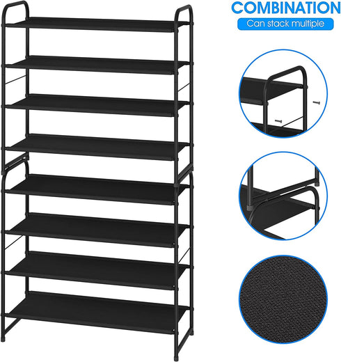4-Tier Simple Trending Stackable Shoe Rack, Expandable & Adjustable Fabric Shoe Shelf Storage Organizer, Black