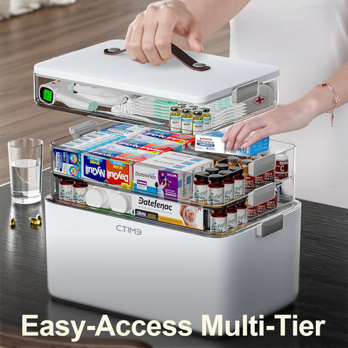 4-Tier CTIME XL Medicine Organizer - Portable Medicine Cabinet with Leather Handle, Empty First Aid Kit for Home