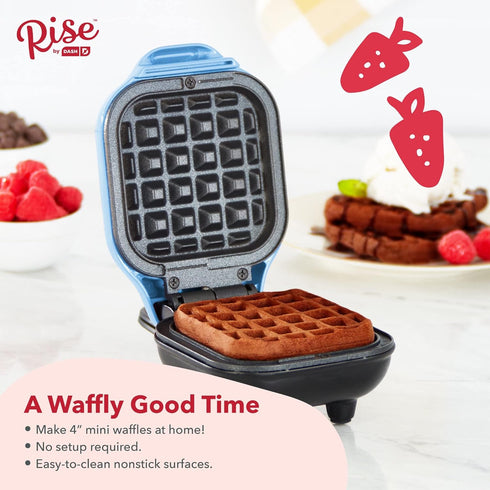 Rise by DASH Mini Waffle maker non stick surface cooks in minutes 4 inch waffles (Blue), Blue/Red by DASH