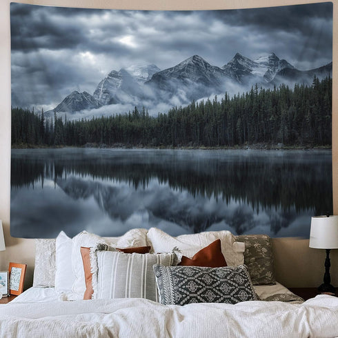 JAWO Landscape Tapestry Wall Hanging, Lake with Mountain Forest Scenic, 71X60 Inches Polyester Fabric