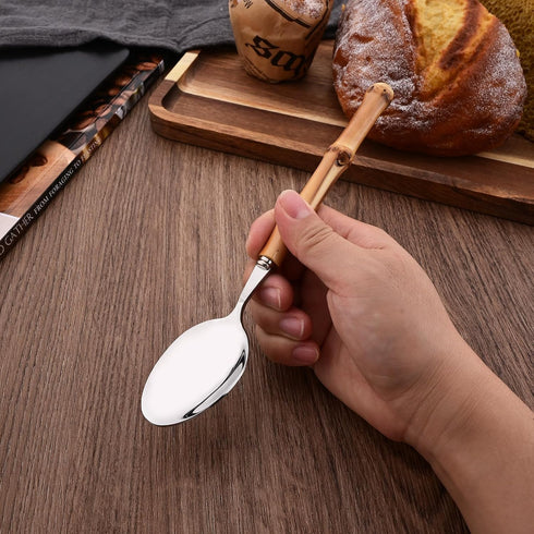 8-Piece Natural Bamboo Dinner Spoon Set, Stainless Steel Spoons with Bamboo Handle, Mirror Polished for Home Kitchen
