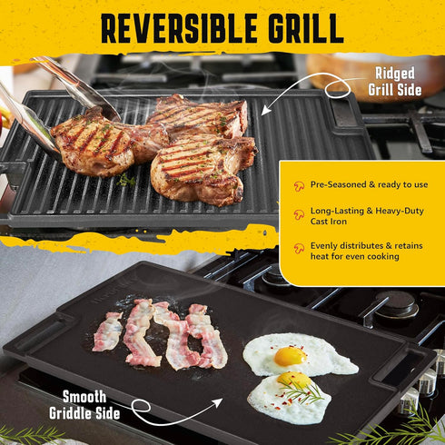 Cast Iron Reversible Grill/Griddle Set: Pre-Seasoned Non-Stick with Press, Scraper & Mitts for Indoor Outdoor Cooking