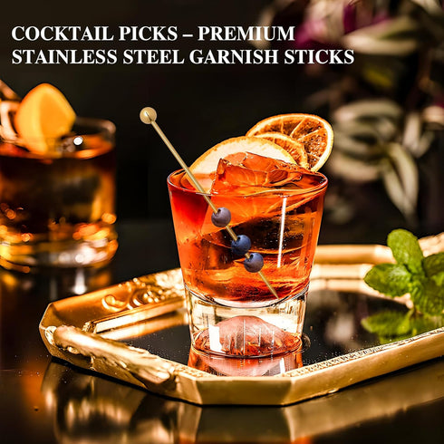 I-MART 15 Pack Stainless Steel Cocktail Picks, Reusable Metal Garnish Sticks for Drinks, Appetizers, 4.25 Inch (Gold)
