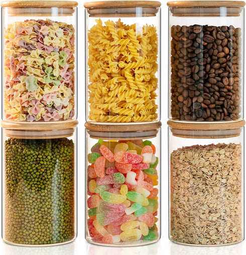 Glass Food Storage Jars 6-Pack 37oz, Clear Canisters with Bamboo Lid, Airtight for Tea, Coffee, Flour, Sugar, Spice