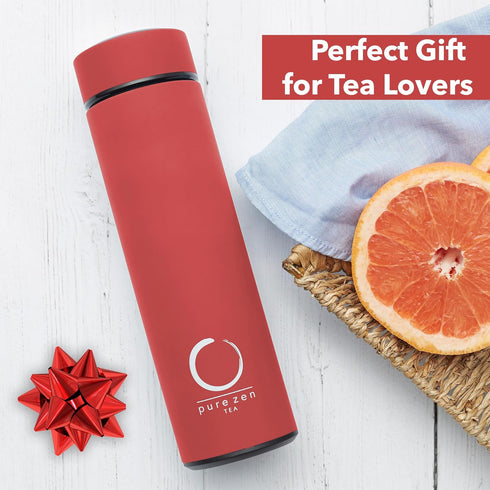 Pure Zen Tea Thermos with Infuser for Hot & Cold Infusions - 15oz Leakproof Travel Mug, Stainless Steel, Red