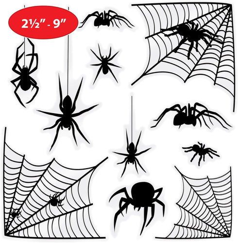 Beistle 4 Sheets (44 Pieces) Spider & Web Window Clings Creepy and Realistic Looking Halloween Decorations for Spooking Up Your Home, Made in USA Since 1900, 17" x 12", Black/White