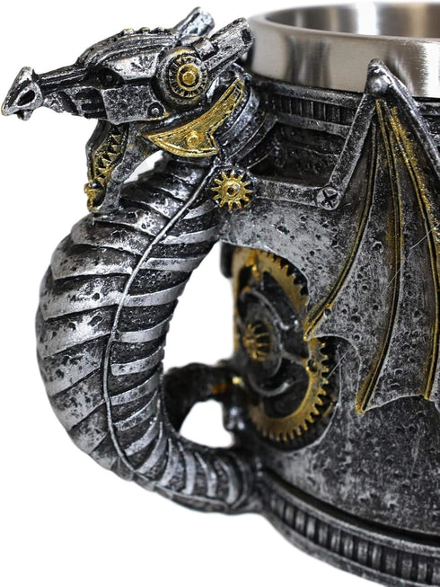 Ebros Gift Steampunk Nightcrawler Silver Firewheel Cyborg Dragon Beer Stein Tankard Coffee Mug