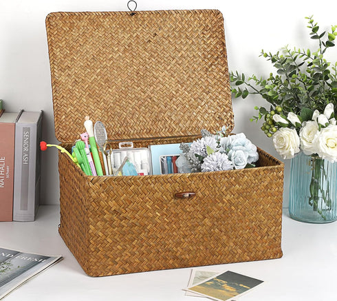 Hipiwe Handwoven Seagrass Wicker Shelf Baskets Bin with Lid, X-Large Rectangular Storage Bins for Home Organizer