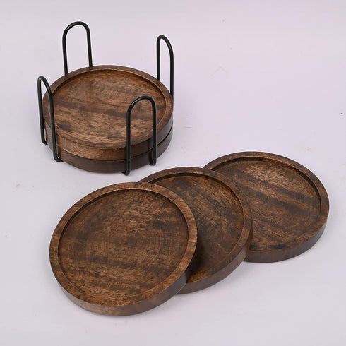 Mango Wood Coasters for Drinks with Iron Holder Stand, Set of 5 for Tabletop Protection