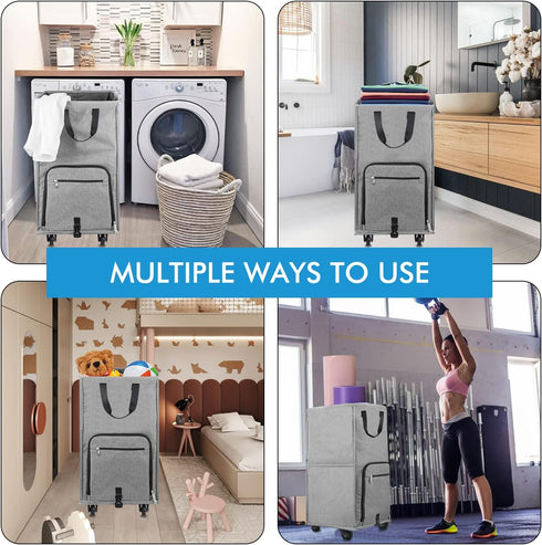 4 2 Laundry Hamper with Wheels, Bukere Large Rolling Laundry Basket with Casters and Handles, Collapsible Freestanding