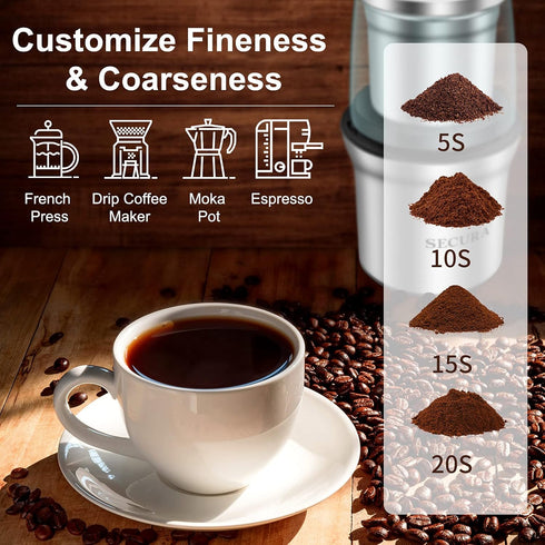 Secura Electric Coffee Grinder and Spice Grinder with Removable Bowls, Dry Grinding