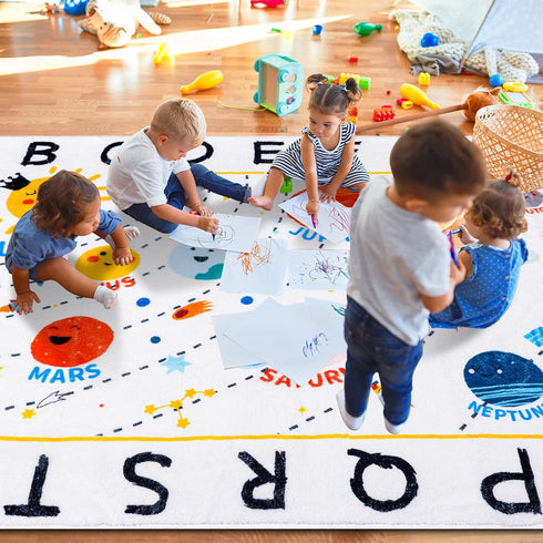 Rug,59x39 Soft ABC Kids in Washable Large Classroom Rug,Non-Slip Educational Nursery Rug,Solar System Kids Room Rug