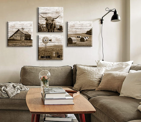 DJSYLIFE Highland Cow Wall Art - Rustic Farmhouse Canvas Poster for Men's Bedroom Office - 12" Wx12 Hx4
