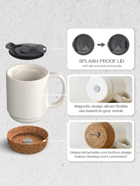Set 2, 15 OZ DOWAN Coffee Mugs of Ceramic Mug with Cork Bottom and Splash Proof Lid, Large Coffee Cup with Handle