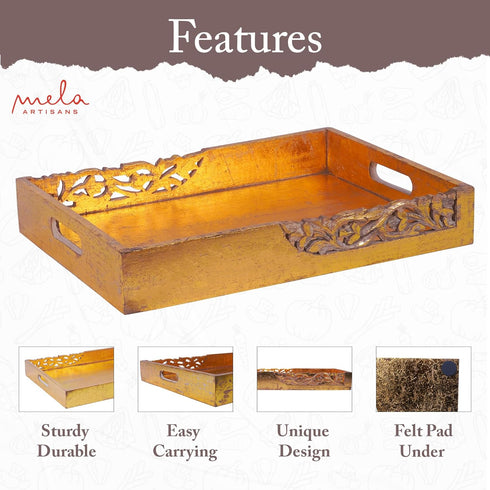 16 12 2.5 Coffee Table Tray (Distressed Gold) - Flourish Wood Serving Tray w/Handles for Breakfast in Bed - Mango Wood