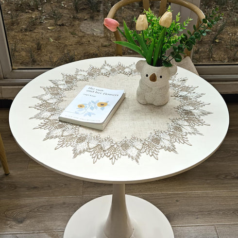 60cm*60cm Polyester Round Doily, Beige Table Cover with Lace Trim, Coffee Table Topper Table Decor Tablecloth
