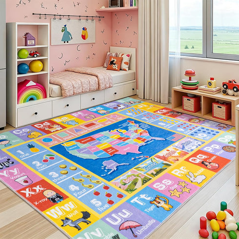 4x5 Kids Rugs for Playroom - Soft & Non-Slip Feet Educational Rug for Learning ABC Alphabet, Numbers, Shapes & Map