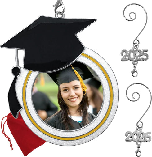 Graduation Christmas Photo Ornament - Dated Charms for 2025 & 2026 - Graduation Hat Design with Storage Bag