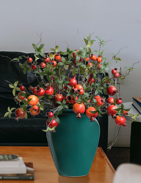 Forlaoers 4pcs 31" Tall Red Berries Pomegranate Faux Plants Stem Fake Tree Branches with Fruits Leaves Artificial