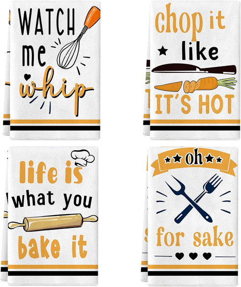 Funny Utensils Kitchen Towels and Dishcloths - Set of 4 Absorbent Drying Tea Towels for Cooking and Baking