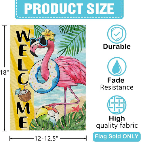 Welcome Summer Flamingo Decorative Garden Flag, Beach Coastal Swim Ring Tropical Palm Leaves Yard Outside Home Decoration, Hawaii Aloha Nautical Outdoor Small Decor Double Sided 12 x 18