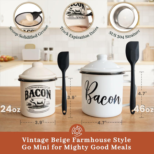 Bacon Grease Container with Strainer - 24oz Enamel Rustic Farmhouse Fat Keeper with Food-Grade Silicone Spatula
