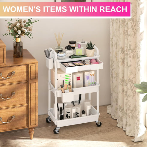 3 2 Goovilla Tier Rolling Utility Cart Organizer with Removable Drawer, Stable and Sturdy White Rolling Storage Carts