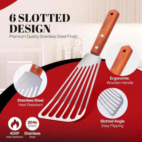 Rifsa 1 6.5-Inch Slotted Elegant Silver Fish Turner Spatula Metal Fish Spatula with Blade & Ergonomic Walnut Wooden