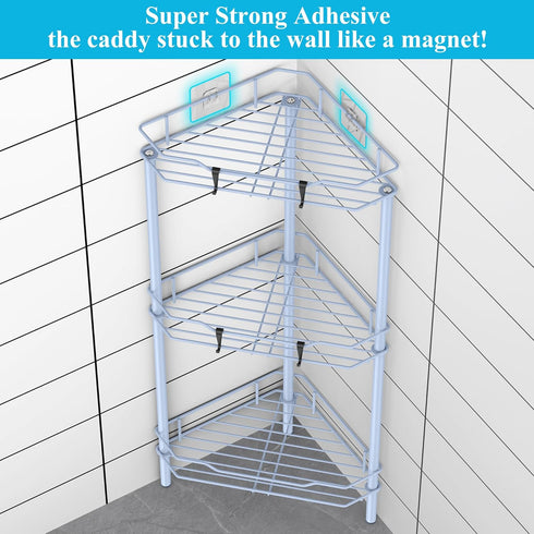 HuggieGems 3-Tier Blue Corner Shower Caddy with Hooks - Bathroom Organizer