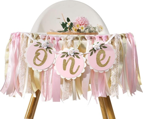Agkvw Pink Golden Floral High Chair Banner - Rose 1st Birthday Highchair Banner,