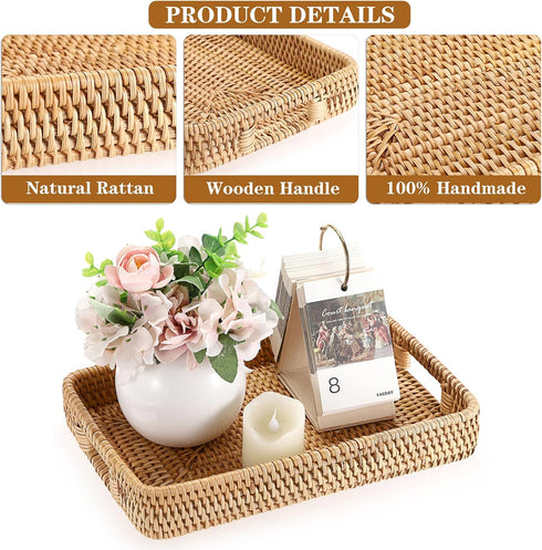 Hipiwe 11.8x7.9x1.8inch Rattan Serving Tray Hand Woven Tray with Handles Rattan Rectangular Basket Trays for Storage