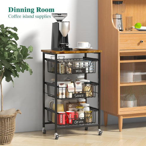 Kitchen Storage Cart with Wheels - 4-Tier Metal Utility Rolling Cart with Wood Top & Pull Out Baskets