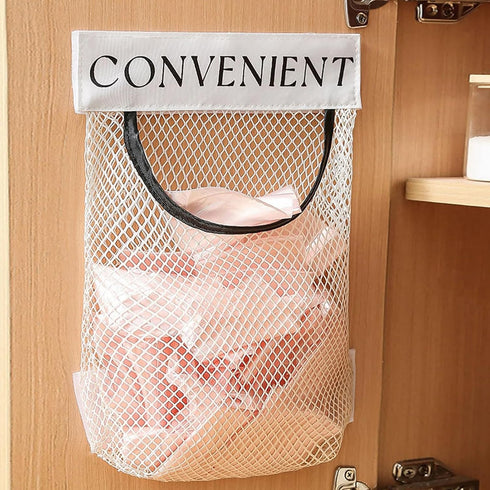 DraCra 2 Pack Trash Bag Holder Dispenser Sticky Wall Mount Mesh Convenient Storage Organizer for Home Kitchen Grocery