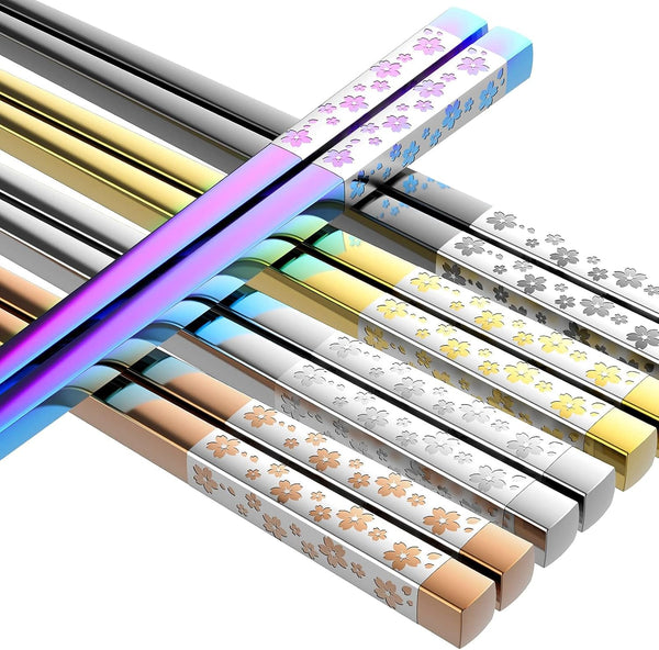 Metal Chopsticks Reusable 5 Pairs, Multicolor Stainless Steel, Dishwasher Safe, Lightweight Non-Slip Set