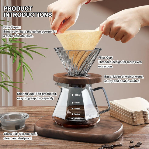 Mongdio 20 oz Pour Over Coffee Maker, High-Heat Borosilicate Glass, 100pcs V60 Filters, Walnut Handle, Gray