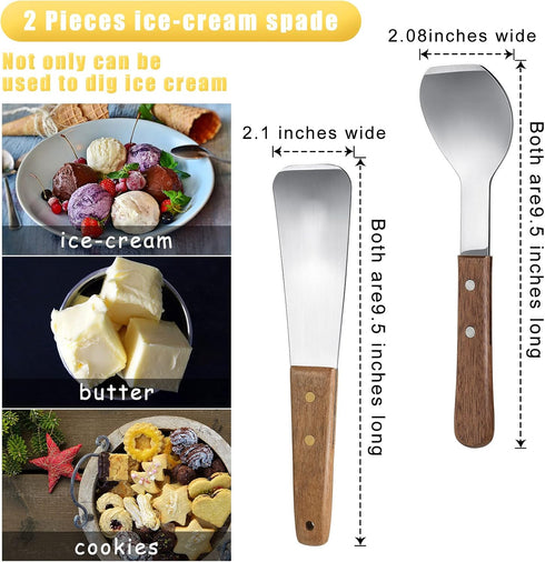 Patelai 2 Pcs Stainless Steel Ice Cream Scoop with Wooden Handle, Dessert Spade Butter Cutter for Dining Kitchen Utensil