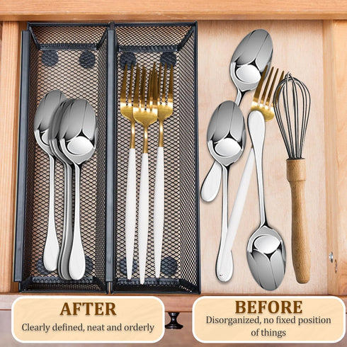 2PCS Drawer Organizer,Drawer Organizer for Kitchen,Utensil Mesh Drawer Organizer with Interlocking Arm for Cosmetic,Flatware,Pen (9 * 3 * 2 Inches,Black) by Fodofodo