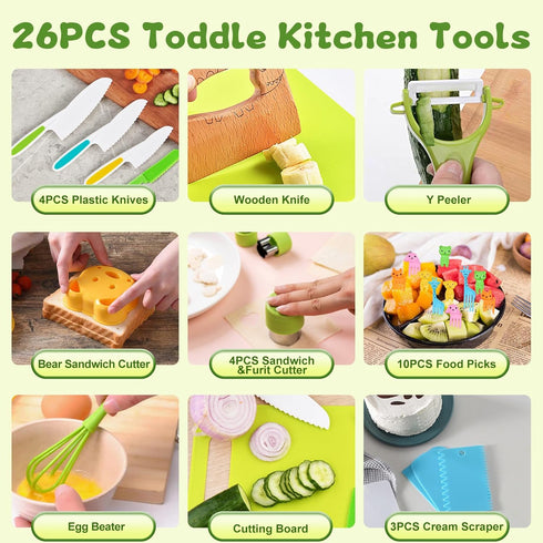 26PCS Set 4 Hilsoeet Kids Knives for Real Cooking, Wooden Kids Kitchen Knife Include Serrated Edges Plastic Toddler