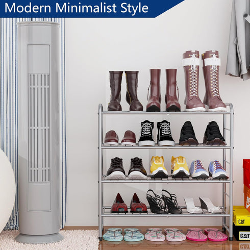4-Tier Expandable Adjustable Shoe Organizer - Silver Wire Grid Storage Shelf