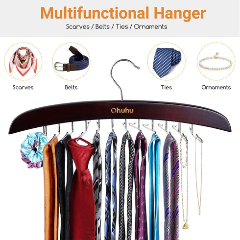 Ohuhu Tie Rack Hanger for Closet, 2 Packs 24 Folding Hooks Wooden Tie Holder Organizer, Walnut