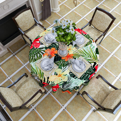 Tropical Hawaiian Palm Tree Tablecloth, 50x50 Inch Wipeable Waterproof Hibiscus Flowers for Aloha/Luau Theme Party