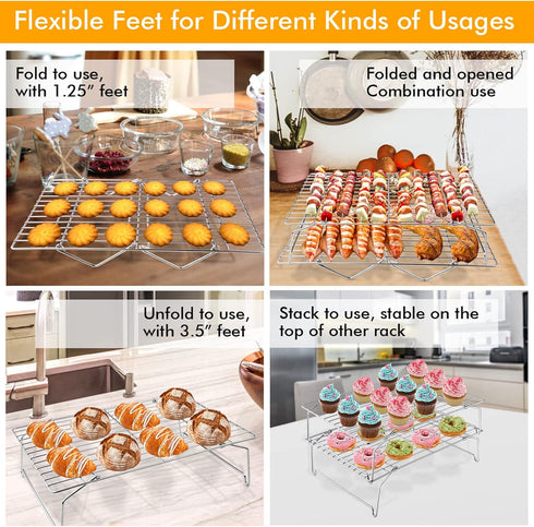 TeamFar 4-Tier Stainless Steel Cooling Rack, 15”x10” for Baking Roasting, Heavy Duty, Dishwasher Safe, Stackable &