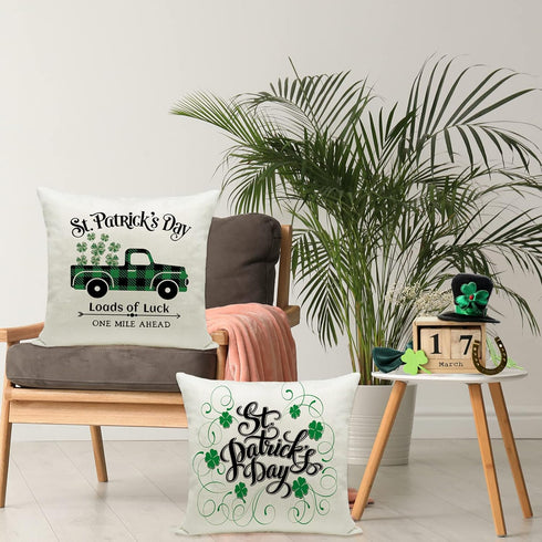 Ueerdand St Patrick's Day Pillow Covers, Set of 4 Shamrock Decorations, Green Clover Buffalo Plaid Cushion Covers