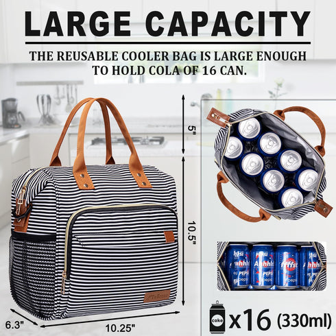 TuErCao Insulated Lunch Bag for Women, Leakproof Soft Cooler Lunch Box for Work, Picnic Travel, Stripes