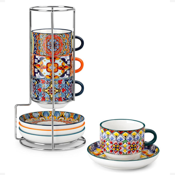 vancasso 8 Oz Stackable Espresso Cups with Saucers and Metal Stand Set