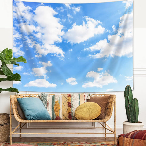 Light Blue Wall Decor Tapestry, Blue Sky White Clouds Natural Landscape Tapestries for Girly Bedroom Living Room